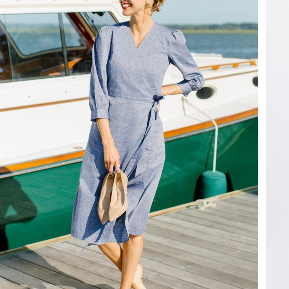 Embroidered Dot Chambray Wrap Dress